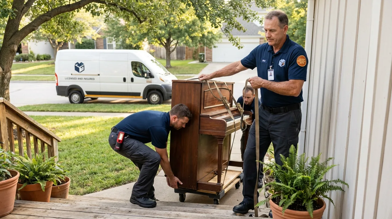 Licensed piano movers securing grand piano in Arizona City, AZ