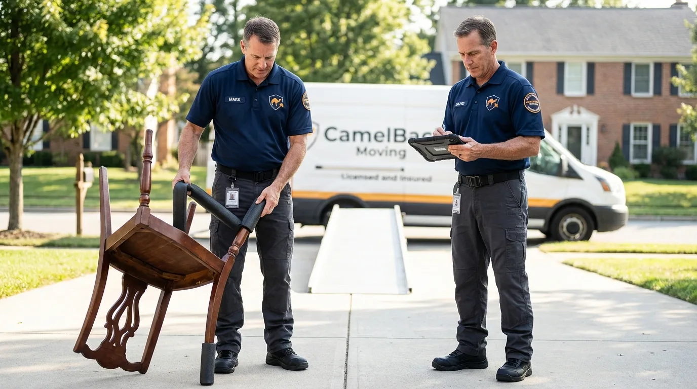Movers inspecting furniture for damage prevention before loading in Arizona City, AZ