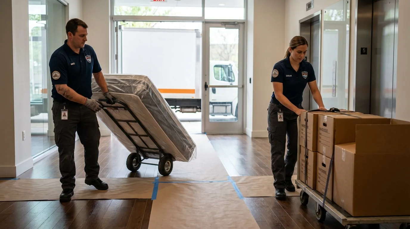 Professional apartment movers loading elevator in Arizona City, AZ