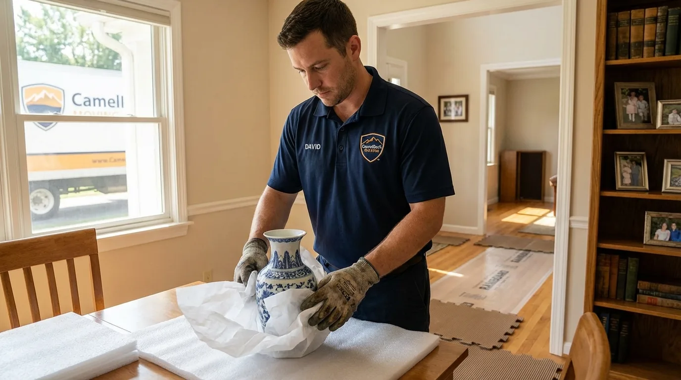 Professional crew carefully wrapping antique vase for senior downsizing move in Arizona City, AZ